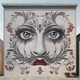 a face painted on the side of a building with flowers