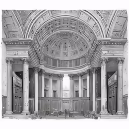 drawing - looking down into the interior of the national gallery, showing columns and rotundas