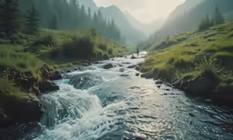 a stream of water near a forest with green grass and trees