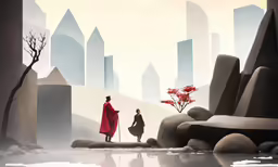 a painting of two people looking at water and land