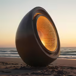 a large speaker on the beach with a view of a body of water
