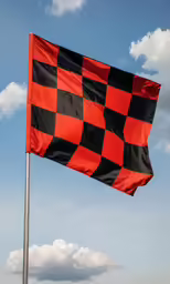 red and black checkedered flag flying on a pole