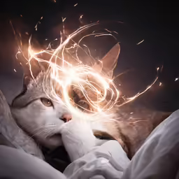 a cat laying in bed with light coming out of it