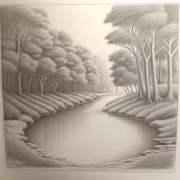 a drawing on a white background, a river near trees