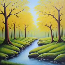 an oil painting of a beautiful park scene,a painting of a path and trees with a creek,a painting of trees and stream in the woods,a painting that is of some trees and a stream,there are trees and grass on the ground by a stream