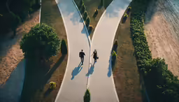 people walking on paved path near trees and water
