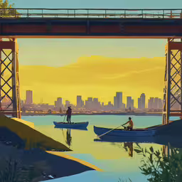 two men in a canoe paddling under an overpass,two people in small boats near a large bridge