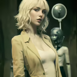 the woman is posing for a photo next to the mannequin