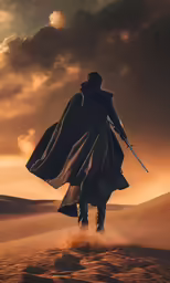 a man dressed in star wars standing on a desert