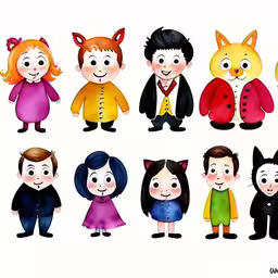 many different colorful kids dressed up in cartoon style,cartoon characters are drawn in a variety of colors,a bunch of cute cartoon characters in different colors,some children are dressed up in costumes,several children wearing animals and costumes are in the middle of a row