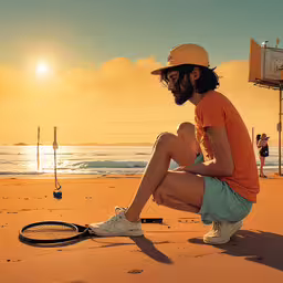 there is a man sitting on the sand with a racquet,a woman with a hat sitting on the beach next to a racket
