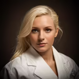 a beautiful blond woman wearing a white coat
