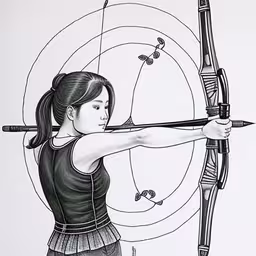 a drawing of a young lady aiming a bow at an arrow,drawing of young woman aiming an arrow with target