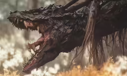an angry looking dragon is in the forest