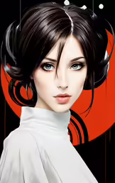 a close up of a face with a red and black background