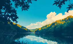 a painting of a lake that is surrounded by a forest