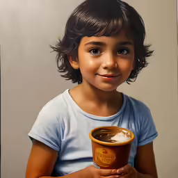 a painting of a young girl holding a drink
