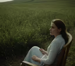 the woman in a white shirt sits on a wooden chair