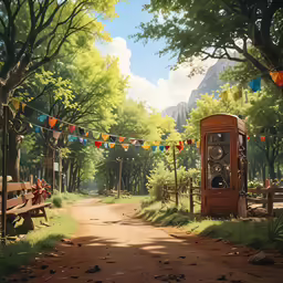 a painting of an old time time telephone in a park