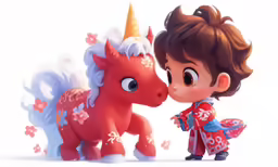a young girl kissing a toy unicorn with an animated animal next to her