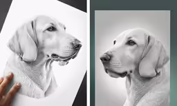 two pictures of a dog, one white and the other light gray
