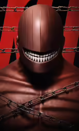a man wearing a helmet with braces and fangs on it