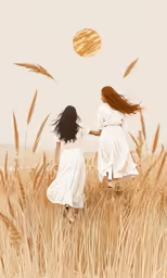 two girls running through tall grass at the beach