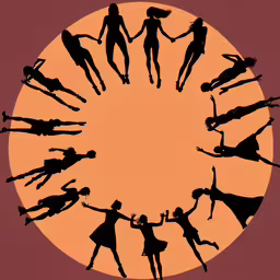 an artistic illustration of silhouettes of people dancing together,people are holding hands in front of a circular of a circle