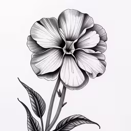 a penciled drawing of a flower with a stem,a white flower with leaves is shown