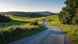 a dirt road going through the middle of a lush green field