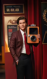 a man in a brown jacket and red tie holding a camera