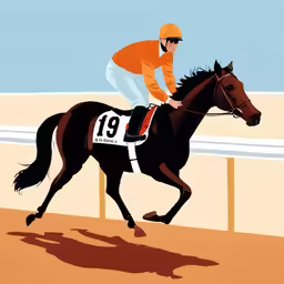a horse and jockey racing in an empty track
