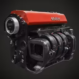 the red camera is attached to a black background