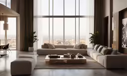 a living room with white couches and floor to ceiling windows