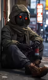 an person with a camera and wearing a gas mask