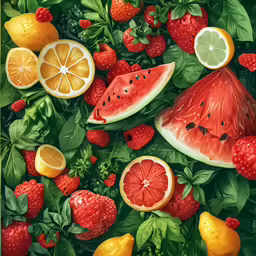 a painting of various fruits and vegetables with leaves around it