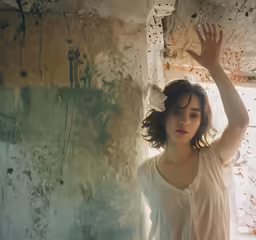 a young woman leaning against a wall in a dilapidated building