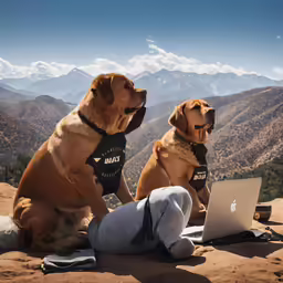 two dogs wearing vests with mountains behind them