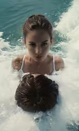 a young lady sitting in the water on top of a small jet ski