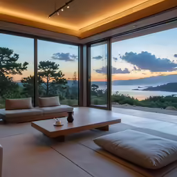 a modern looking living room with large window to the ocean