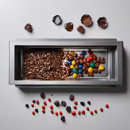 an opened box of chocolates and candies and a container with chocolate chips