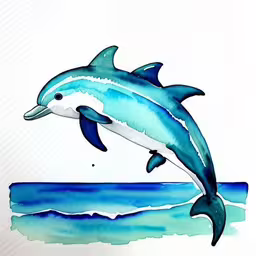 a drawing of two dolphins jumping from the water,two dolphins in the ocean with blue water