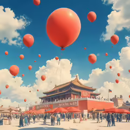 a group of people standing around red balls