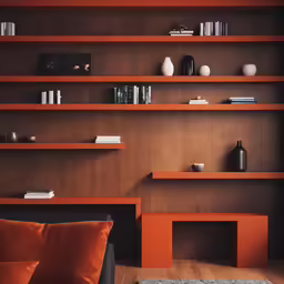 an orange wall shelves in a wood room