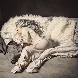 the doll is on a bed with blanket