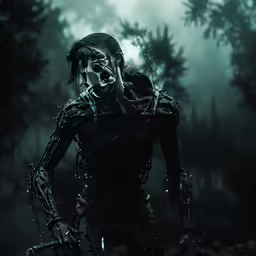 a creepy looking, skeleton man with a gun in his hand
