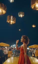 the woman in the red dress stands near the yellow car