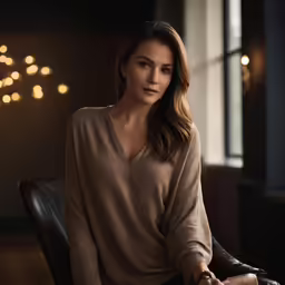 a woman sitting in a chair with her legs crossed