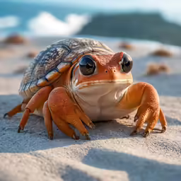 a close up view of an orange and white animal with black eyes