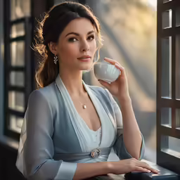 a woman wearing a light blue dress and holding a cup